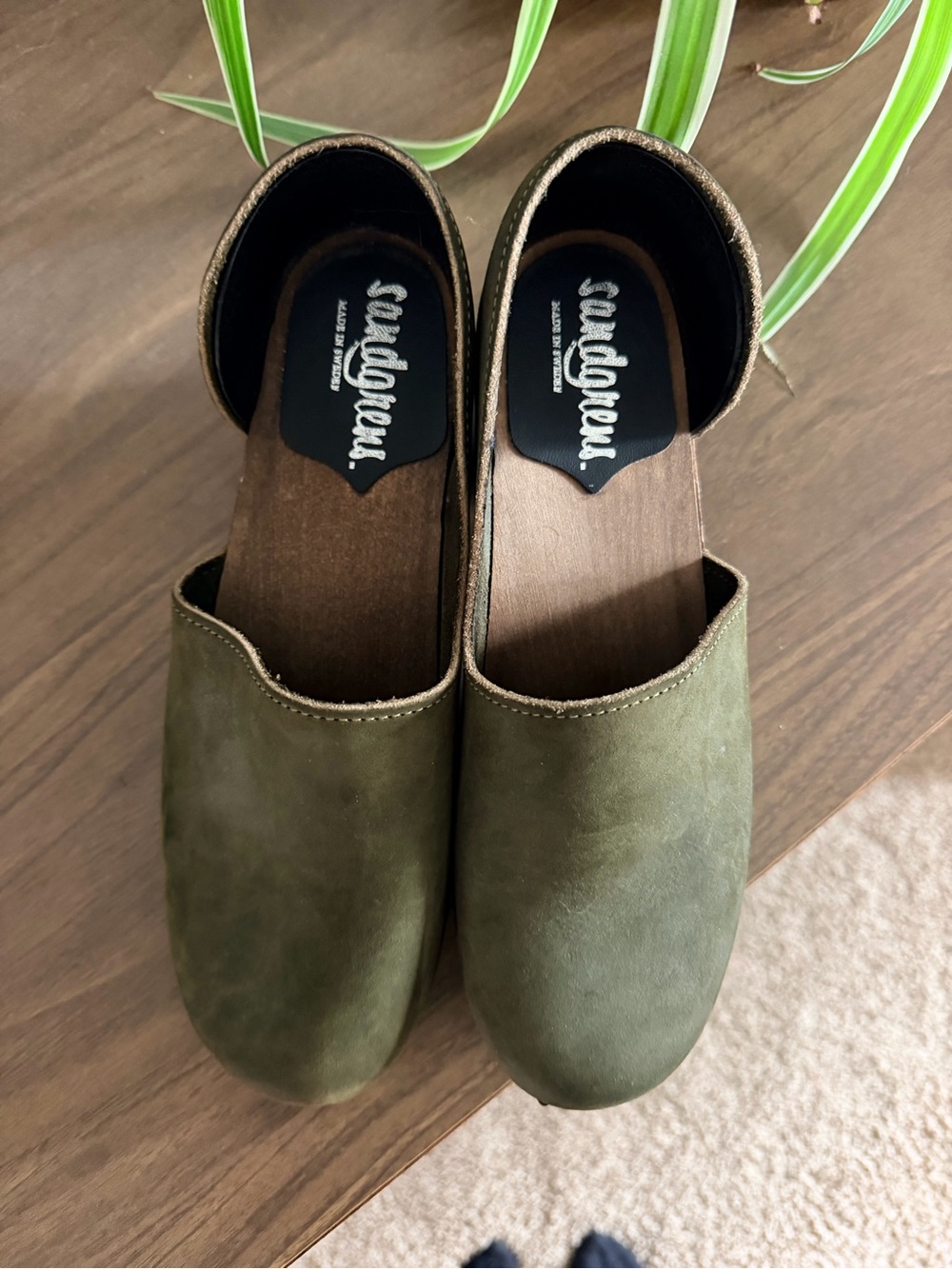 Olive Green Leather Clog Mules with Wooden Heel - Picture 2 of 8